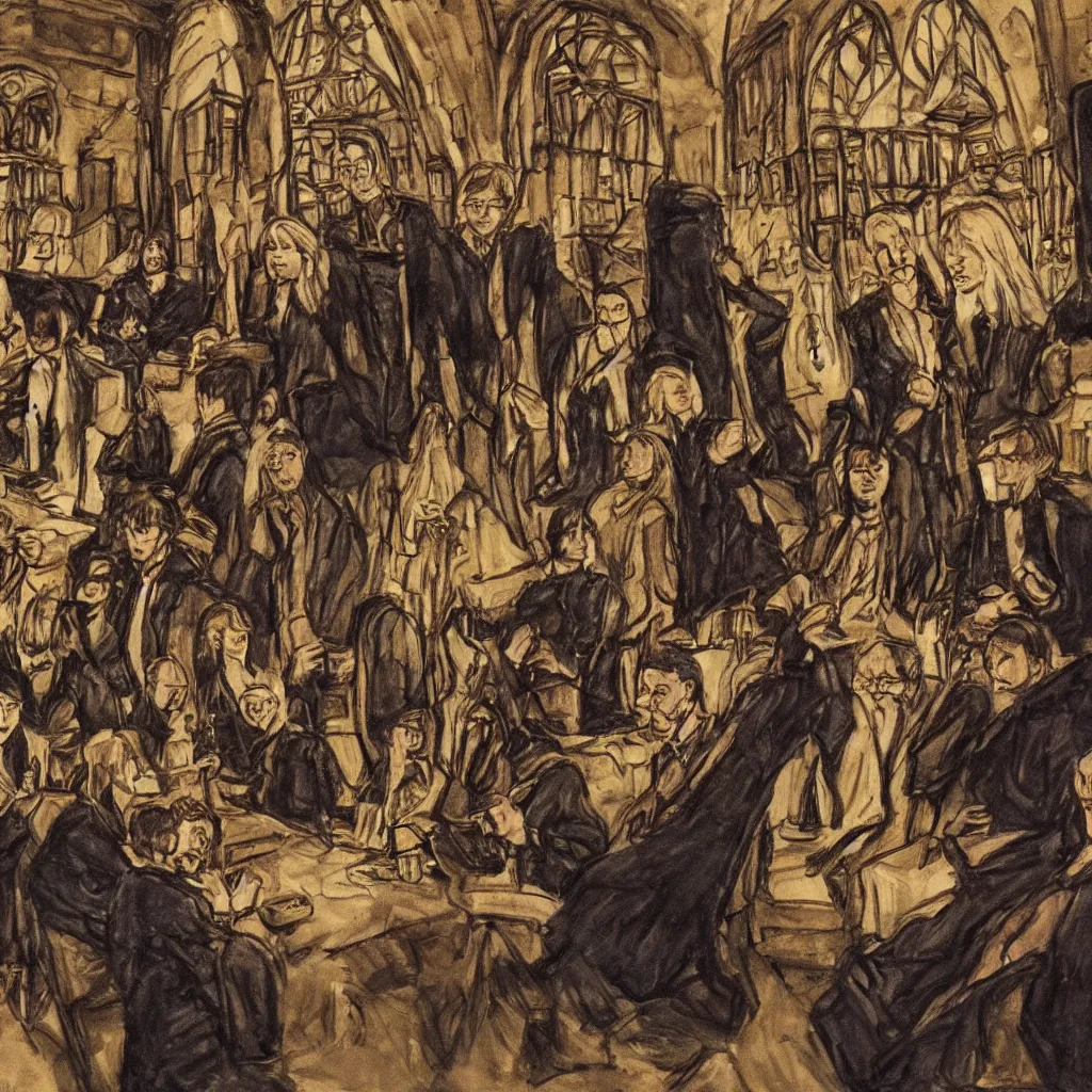 Prompt: Harry Potter in the Hogwarts common room, drawn by Mikhail Vrubel