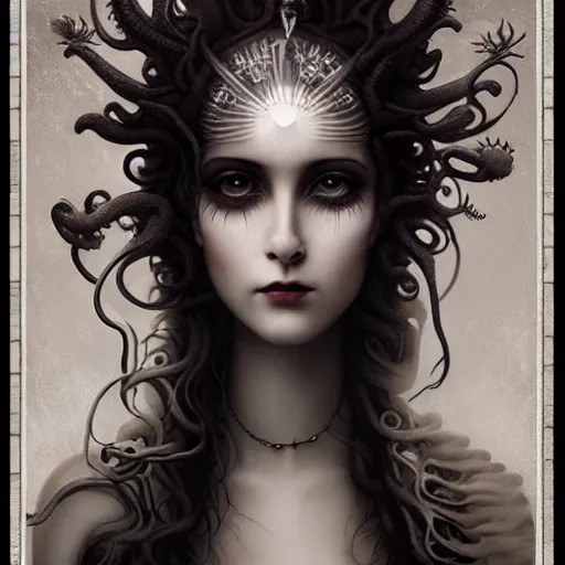 Prompt: By Tom Bagshaw, ultra realist soft painting of a curiosities carnival spikes flowers and tentacles by night, very beautiful dark eyed female dollpunk in full long dress, symmetry accurate features, very intricate details, omnious sky, black and white, volumetric light clouds