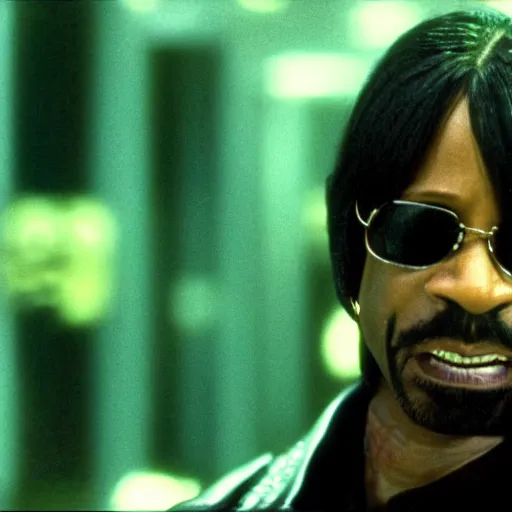 Image similar to a film still of Katt Williams starring in The Matrix (1999), close up, shallow depth of field