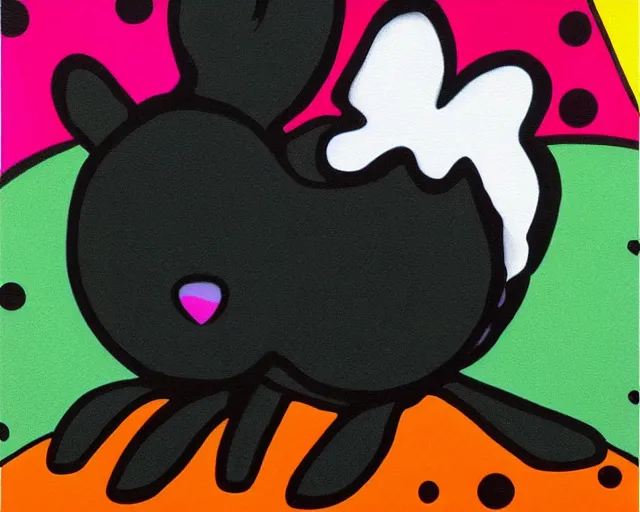 Prompt: a small black rabbit with white spots, fine art by romero britto