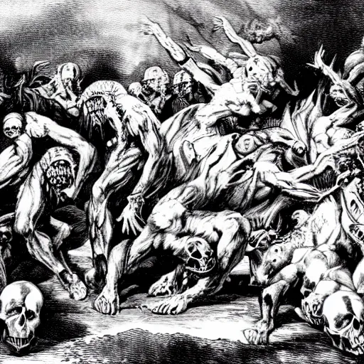 Prompt: an epic scene of blasphemy and abominations, black and white, demons, skulls, death, corpse, devils, unholy,