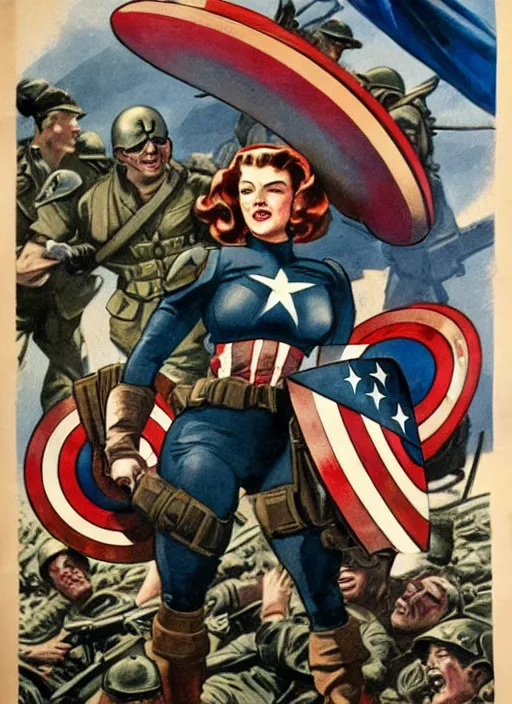 Image similar to beautiful female captain america standing on a pile of defeated and beaten german soldiers. feminist captain america wins wwii. american wwii propaganda poster by james gurney. gorgeous face. overwatch