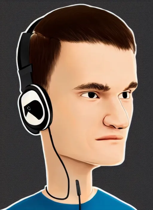 Image similar to vitalik buterin in headphones starring in pixar cartoon. vitalik buterin, medium shot, perfect symmetric face, coherent eyes, pixar cartoon style, beautiful face, fine details., very sharp, 4 k