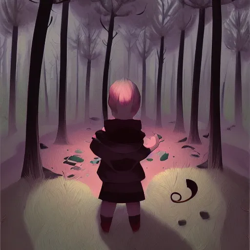 Image similar to portail, kid lost in a dark forest surrounded by monsters, lois van baarle