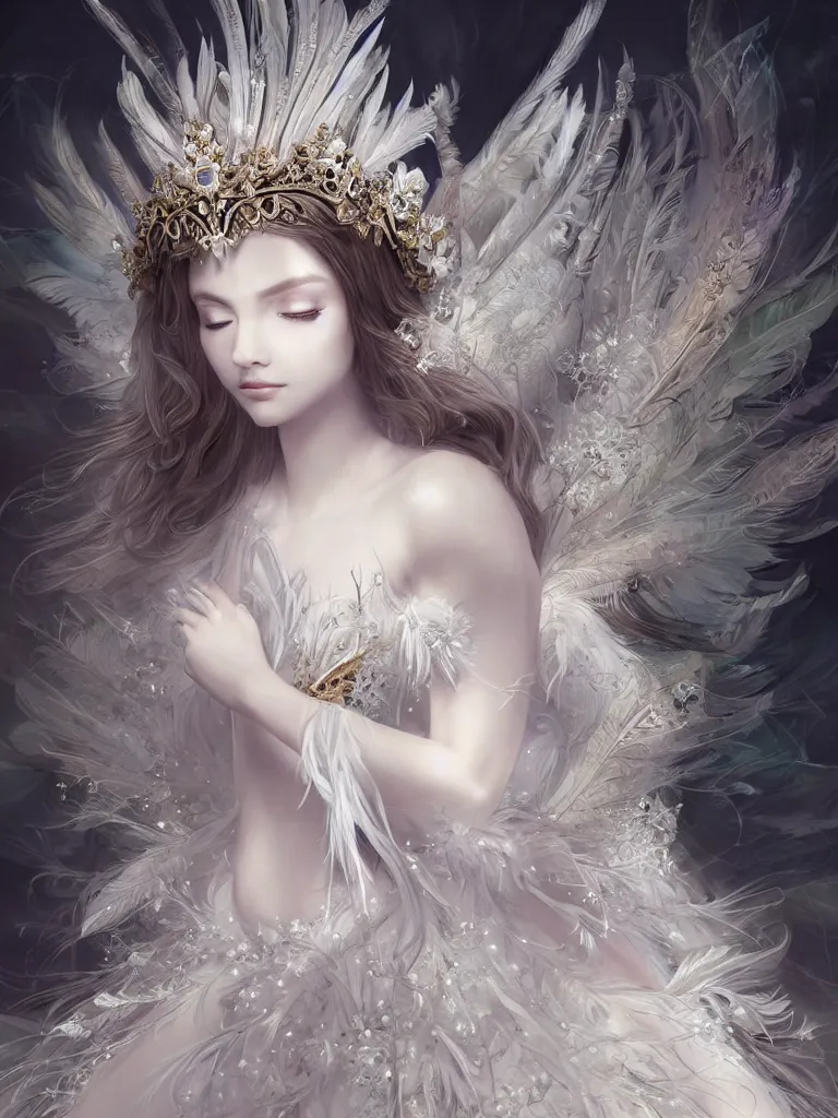 Prompt: ((A beautiful fantasy empress)), highly detailed full body, beautiful eyes, detailed intricate white flower tiara, feathers, ((wearing aristocrat robe)), silk tutu, highly detailed figure, fractal crystal, epic composition, ultra wide-shot, dynamic pose, concept art, beautifully lit, digital painting, smooth, character design, sharp focus, elegant, intricate, post processing, artstation, by WLOP, James Jean, Victo Ngai, ryohei hase