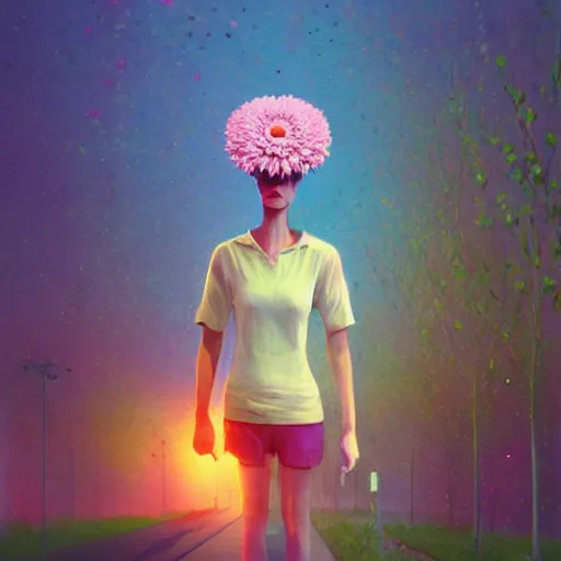 Image similar to huge daisy flower head, woman in modern city, surreal photography, night light, dark, impressionist painting, digital painting, artstation, simon stalenhag