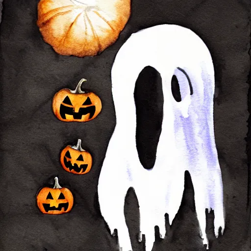 Image similar to A very spooky ghost haunting discord and tugging, watercolor, Halloween, dark background, foreboding, ominous