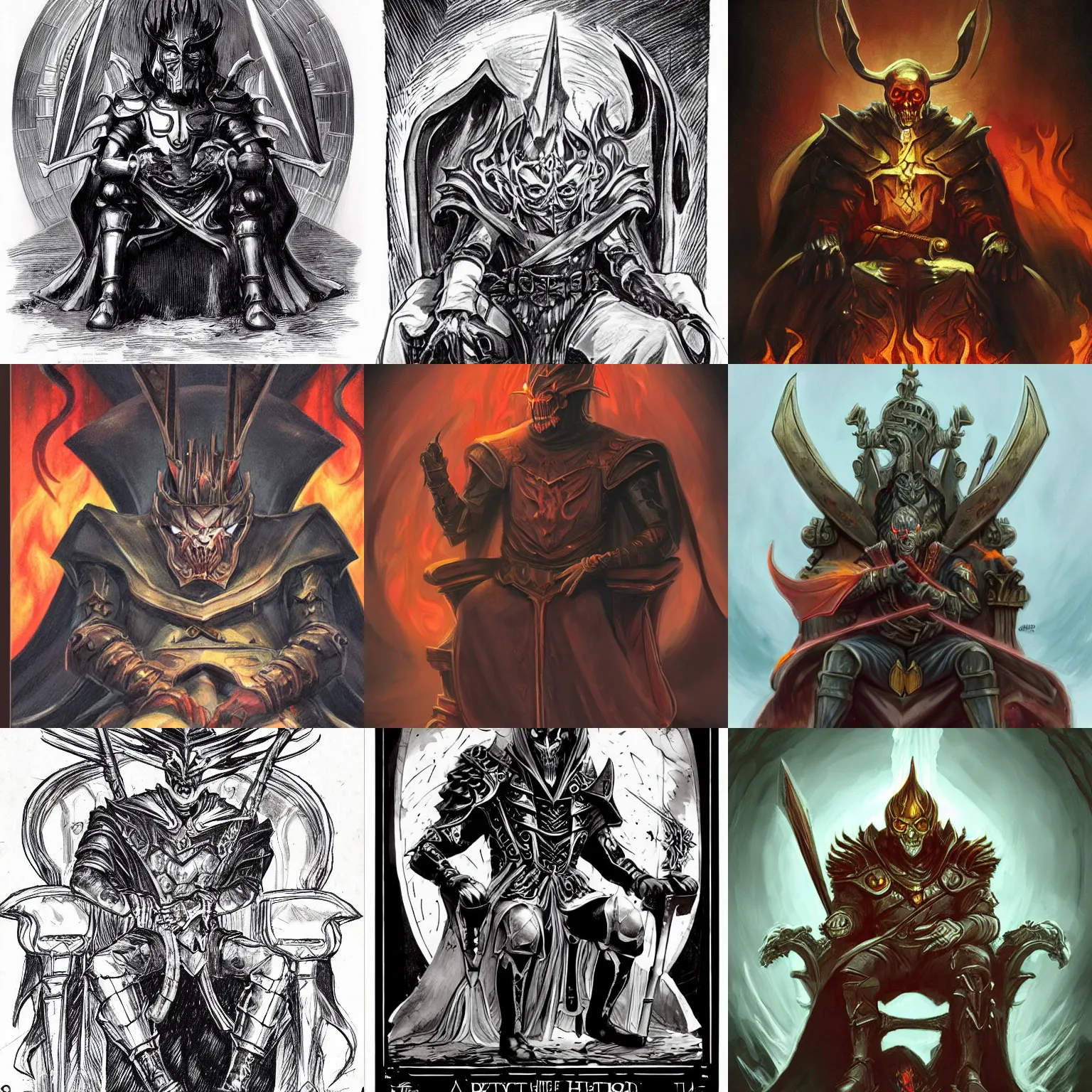 Prompt: D&D official art of a sinister looking man with an oblong helmet sitting in a throne surrounded by hellfire