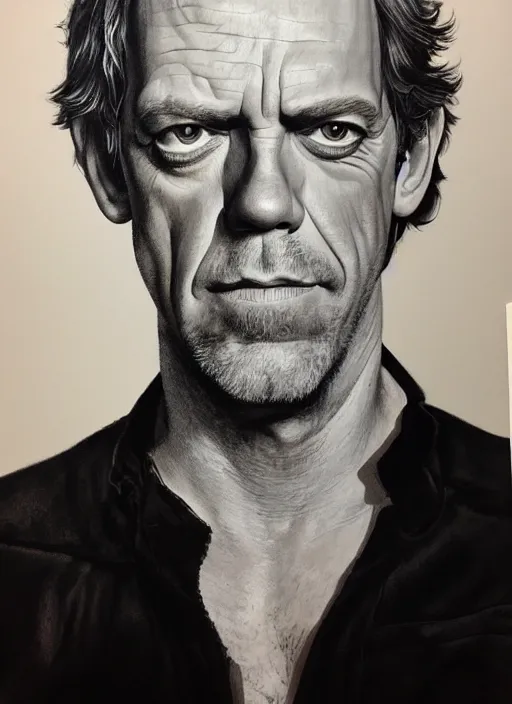 Image similar to portrait of hugh laurie as han solo in star wars, wearing han solos cloth, a black vest and white shirt, hyperrealistic, very detailed painting by glenn fabry, by joao ruas, by artgerm