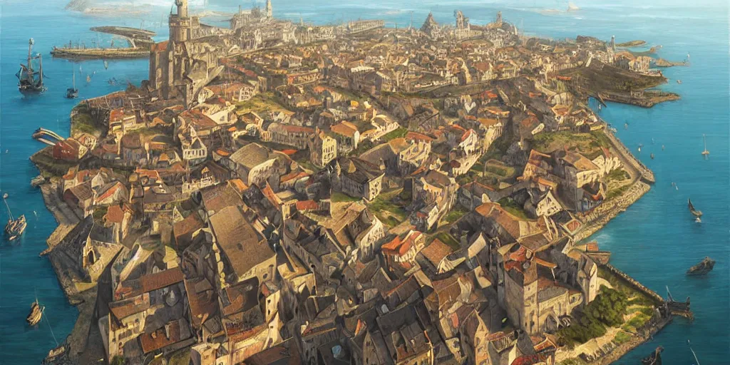 Image similar to medieval port town landscape as seen from above, no people, pokemon sword and sheild, bright future, social realism, highly detailed, digital painting, artstation, concept art, matte, sharp focus, illustration, art by artgerm and greg rutkowski and alphonse mucha