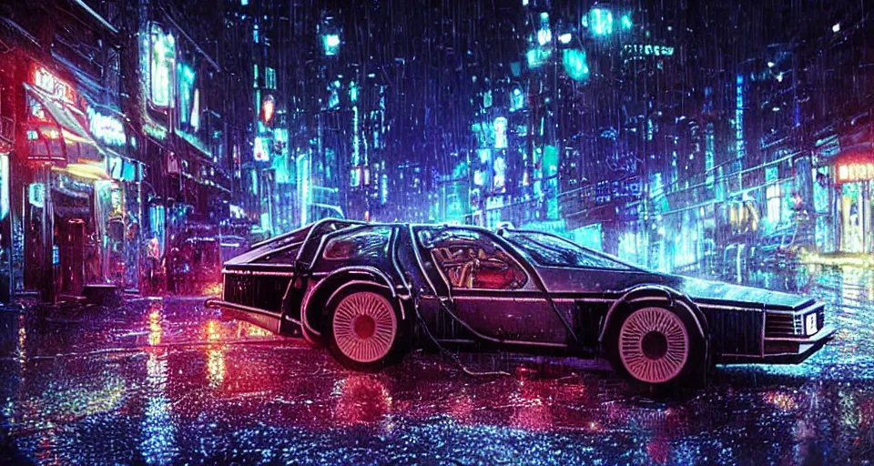 Image similar to a 2 8 mm closeup photo of a tela tron neon delorean back to the future car on wet city street at night, intricate, hyper detailed, smooth, high contrast, neon, volumetric lighting, octane, moebius, greg rutkowski, blade runner, ripley scott, mad max, cindmatic