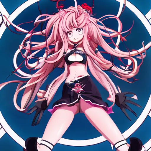 Image similar to stunningly beautiful omnipotent megalomaniacal anime goddess who looks like junko enoshima, symmetrical perfect face smiling in a twisted, mischievous, devious and haughty way while looking down upon the viewer and taking control, mid view from below her feet, hyperdetailed, 2 d, 8 k
