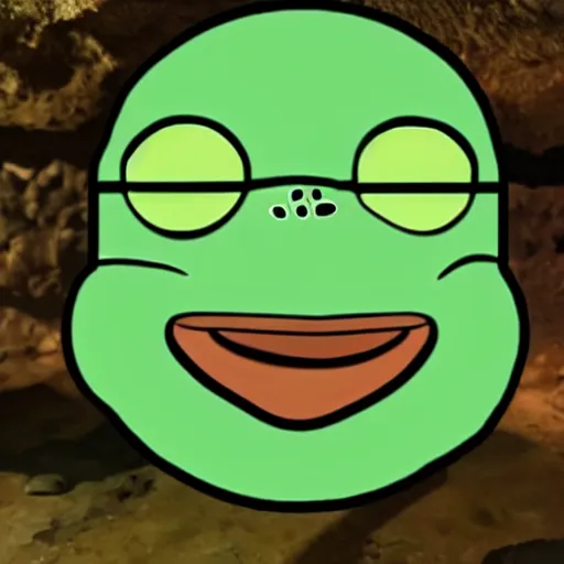 Image similar to happy pepe in a dark cave