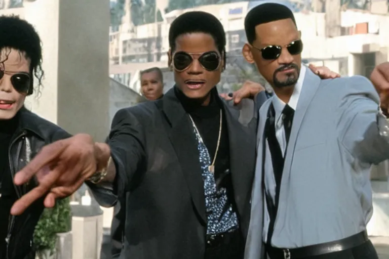 Image similar to michael jackson and will smith pointing the neuralyzer at men in black 3 iii