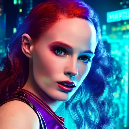 Image similar to madelaine petsch portrait, cyberpunk 2 0 7 7, cyberpunk judy alvarez, photorealistic, ultra detailed, neon, octane, bokeh, cinematic lighting, cyber, cyberpunk city, studio quality, feature, scars, cyberface, 8 k