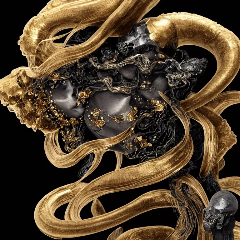 Image similar to black background. absolutely symmetrical sculpture. centered. goddess princess face close-up portrait ram skull. sculpture made of gold and black charcoal. jellyfish phoenix head, nautilus, orchid, skull, betta fish, bioluminiscent creatures, intricate artwork by Tooth Wu and wlop and beeple. octane render, trending on artstation, greg rutkowski very coherent symmetrical artwork. cinematic, hyper realism, high detail, octane render, 8k