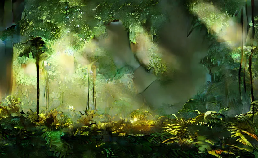 Prompt: a beautiful render of a dark prehistoric cloud forest, lush flora, patches of yellow - orange sky, dark green leaves, intricate detail, god rays, hazy, humid, volumetric lighting, 8 k, photorealistic, raytracing effects, unreal engine 5