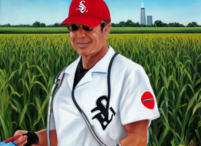 Image similar to painting of paul pater dressed as nurse with a chicago white sox hat in the middle of a corn field