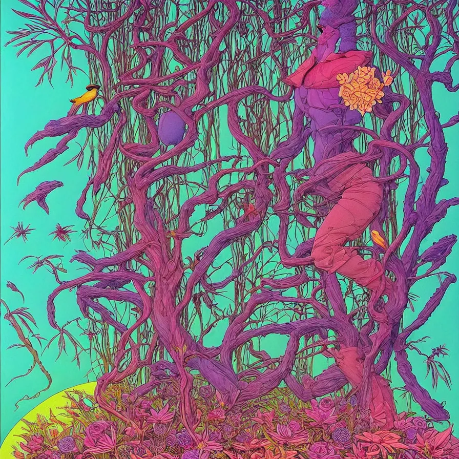 Image similar to ( ( ( beautiful strange forest and flowers and birds ) ) ) by mœbius!!!!!!!!!!!!!!!!!!!!!!!!!!!, overdetailed art, colorful, record jacket, warm tones, bioluminescent