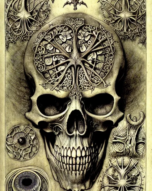 Image similar to memento mori by arthur rackham, art forms of nature by ernst haeckel, exquisitely detailed, art nouveau, gothic, ornately carved beautiful skull dominant, intricately carved antique bone, art nouveau botanicals, ornamental bone carvings, art forms of nature by ernst haeckel, horizontal symmetry, arthur rackham, ernst haeckel