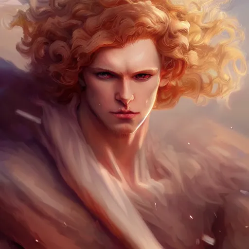 Prompt: digital art of a pale menacing male Cyborg Angel of Battle with fluffy blond curls of hair and piercing eyes, central composition, he commands the fiery power of resonance and wrath, very very long blond curly hair, baroque curls, by WLOP, Artstation, CGsociety