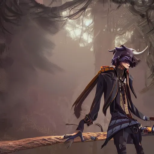 Image similar to concept art painting of an anthropomorphic crow person with steampunk clothes, in the deep forest, realistic, detailed, cel shaded, in the style of makoto shinkai and greg rutkowski and james gurney