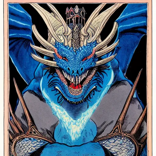 Image similar to head and shoulders portrait of a medieval d & d fantasy anthropomorphic blue dragon - headed sorcerer, comic book cover art by phil noto, frank miller, jeff easley, and hr giger