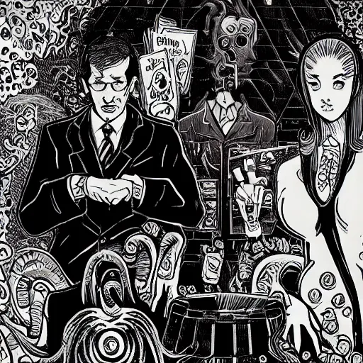 Image similar to Cthulhu as a modern day business man with a family and a drug and gambling addiction, necronomicon is the family Bible , Junji Ito and Greg rutkowski, psychedelic , 50s style infomercial , award winning , retro futuristic