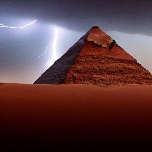 Image similar to cinematic wide shot of a lightning storm within a sandstorm, in the Egyptian desert, Great Pyramid of Giza, sense of awe, photoreal, establishing shot, cinematic composition, matte painting, artstation,