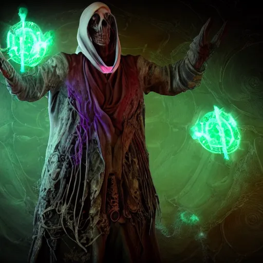 Prompt: A necromancer pulsing with necrotic energy, Art by Moebius, power auras, sigils, tattered cloth robes, substance 3d painter, PBR textures, Physical based rendering, cinematic, hyper realism, high detail, octane render, unreal engine, 8k, Vibrant colors, Smooth gradients, High contrast, depth of field, aperture f2.8