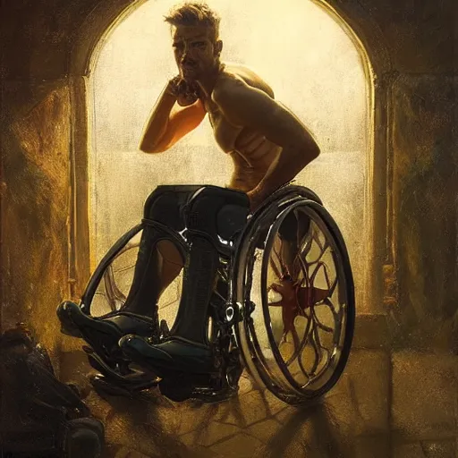 Image similar to handsome portrait of a wheelchair guy fitness posing, radiant light, caustics, war hero, one legged amputee, by gaston bussiere, bayard wu, greg rutkowski, giger, maxim verehin