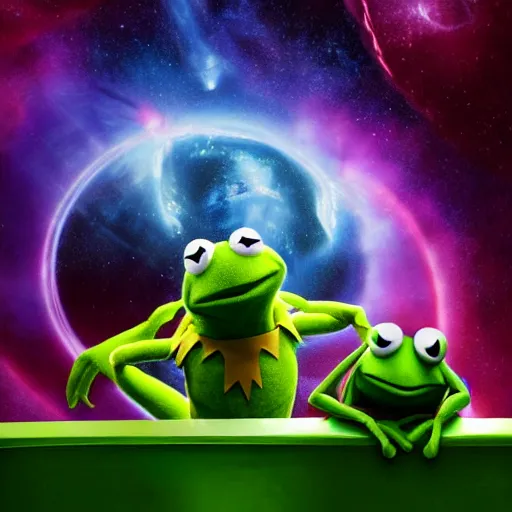 Image similar to the avengers battle one kermit the frog in space, galaxy, hd, 8 k, explosions, gunfire, lasers, giant, epic, showdown, colorful, realistic photo, unreal engine, stars, prophecy, epic oil painting, powerful, diffused lighting, destroyed planet, debris, justice league, movie poster, violent, sinister, ray tracing, dynamic, print