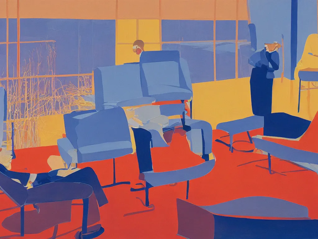 Image similar to sun setting in a airport lounge. tall, spacious, couple watching landed airplane. painting by david hockney