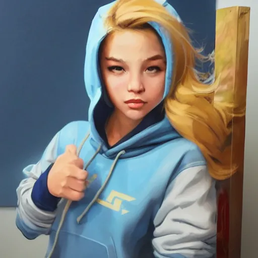 Image similar to greg manchess portrait sticker of a beautiful teen girl with blonde hair, wearing a blue hoodie, as an overwatch character, medium shot, asymmetrical, swedish, sticker, profile picture, organic painting, matte painting, bold shapes, hard edges, street art, trending on artstation, by huang guangjian and gil elvgren and sachin teng