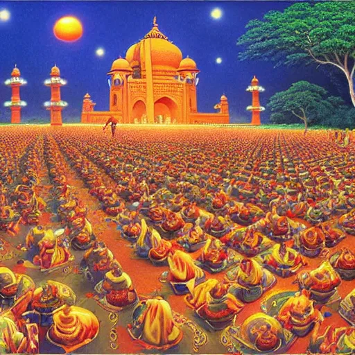 Prompt: diwali celebrations in india by rob gonsalves and kawase hasui and bob eggleton