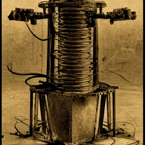 Prompt: a machine of skin wires and decay, moody