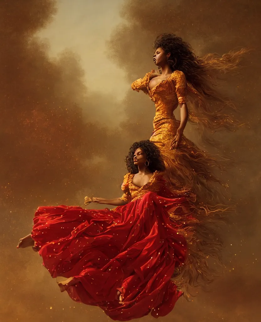 Image similar to a brown skinned queen with long dark curly hair and a red dress, windy, golden details, stars, stoic, modern, shes alone, maximalist fashion dress, hyperdetailed, dramatic, epic painting, painted by jean honore fragonard and greg rutkowski, full body, octane render, sharpness, 8 k, golden ratio