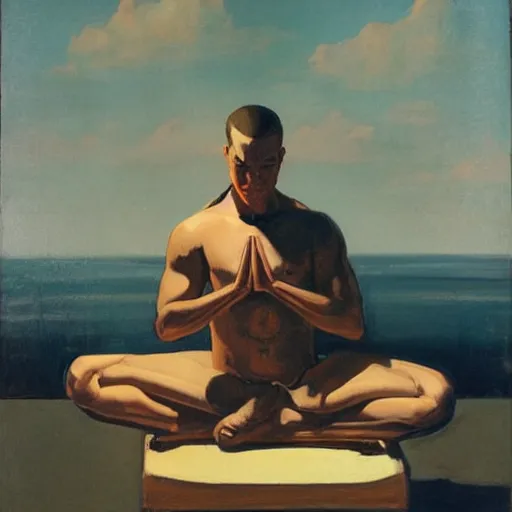 Prompt: man in meditating pose, NYC view, leyendecker style