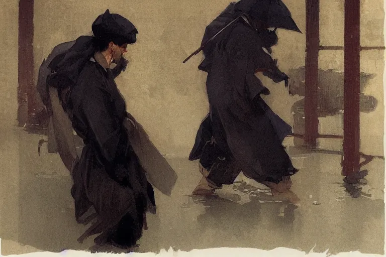 Image similar to portrit of a ninja on a rainy night by joaquin sorolla, greg rutkowski, hokusai