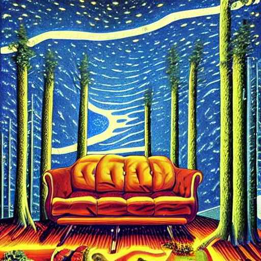 Prompt: trippy couch pine forest, planets, milky way, sofa, cartoon by rob gonsalves