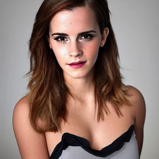 Image similar to a woman who is a genetic combination of emma watson and kim kardashian face and upper - body focus