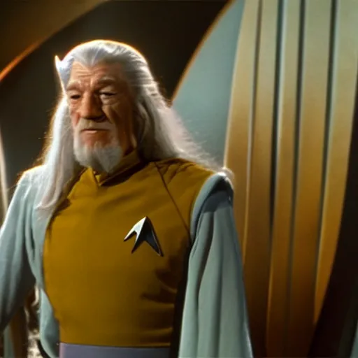 Image similar to A still of Gandalf as Captain Kirk on Star Trek, sharp focus, high quality, 4k