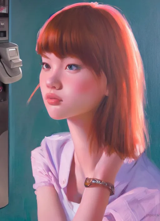 Prompt: oil painting by ilya kuvshinov,, baugh casey, rhads, coby whitmore, of a youthful japanese beauty, long hair, standing holding a outdoors by vending machines, highly detailed, breathtaking face, studio photography, dawn, intense subsurface scattering, blush, supple look, innocence, intense sunlight