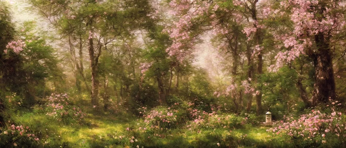 Prompt: A beautiful painting of TARDIS in the forest with little pale pink flowers and green trees, soft sun light by Herbert Arnould Olivier, Trending on artstation