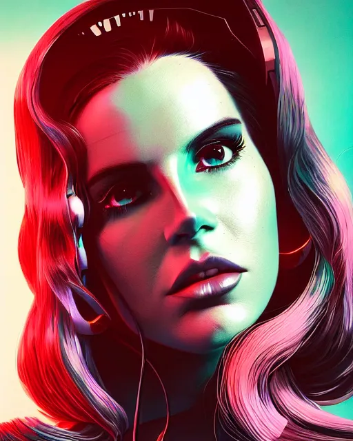 Image similar to portrait of lana del rey as a cyborg. intricate abstract. intricate artwork cyberpunk by tooth wu, wlop, beeple, dan mumford. octane render, trending on artstation, greg rutkowski ruan jia very coherent symmetrical artwork. cinematic, hyper realism, high detail, octane render, 8 k, key art, blue and pink iridescent accents