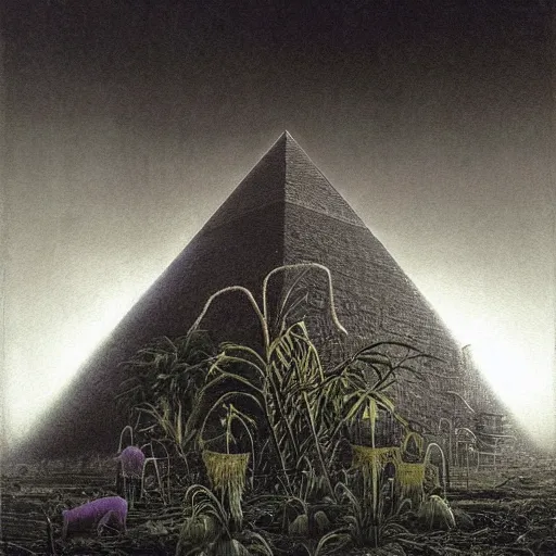 Image similar to a hyperrealistic painting of an overgrown derelict egyptian pyramid in the middle of an alien jungle, bioluminescent plants, by john kenn mortensen and zdzislaw beksinski, highly detailed, vivid color,