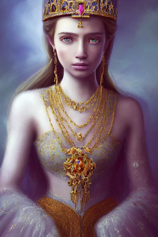 Prompt: beautiful very detailed portrait of a young princess with lots of jewelry in the face, full body, in the background there is a minimalistic palace, digital art , dramatic cinematic lighting rendered by octane, 8k, detailed, intricate, clean and textures, trending on artstation, treanding on deviantart, trending on cgsociety, pinterest, by Lauren Brevner