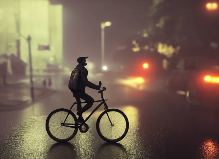 Prompt: uber eats delivery driver on a bicycle, mega details, greg rutkowski, orange lights, heavy rain, fog, beautiful rtx reflections, photorealistic, unreal engine 5, octane render, volumetric light, cg society, 4 k, bokeh, artstation