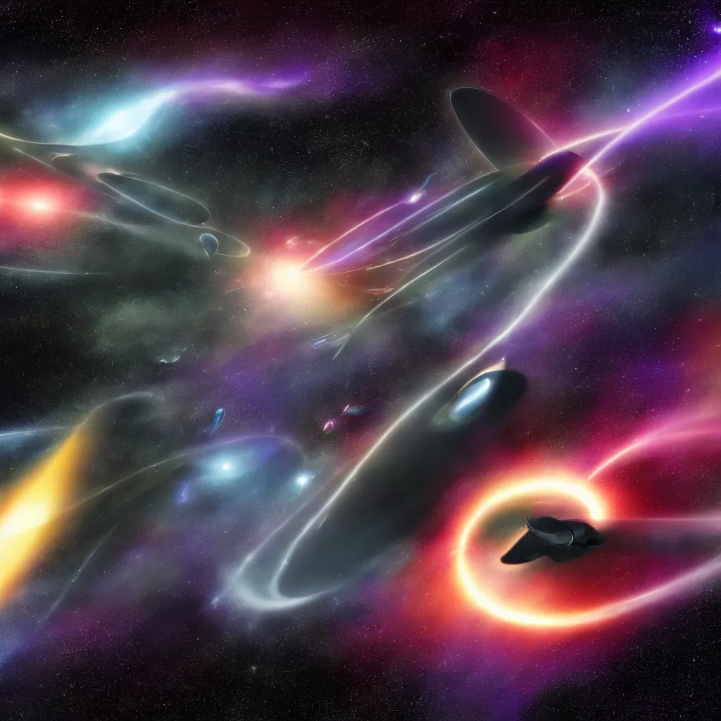 Image similar to galactic space fleet flying into a black hole 8 k resolution