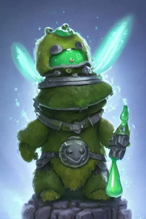 Image similar to cute anthropomorphic green slime jelly knight wearing a cape, tiny, small, miniature bear, baby slime , short, pale blue armor, cute and adorable, pretty, beautiful, DnD character art portrait, matte fantasy painting, DeviantArt Artstation, by Jason Felix by Steve Argyle by Tyler Jacobson by Peter Mohrbacher, cinematic lighting